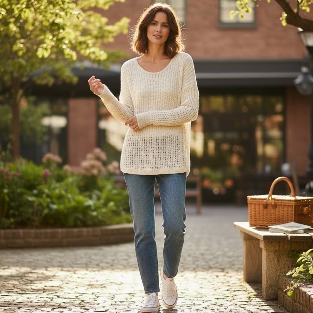 American Eagle Outfitters Sweater Womens XS Cream Open Knit Cotton Round Neck